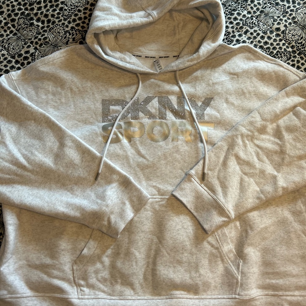DKNY Light Gray Crewneck Hoodie with Metallic Logo